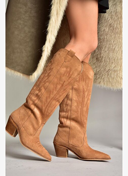T267765202 Taba Süet Kovboy Model Kadın Çizme - Görsel 2