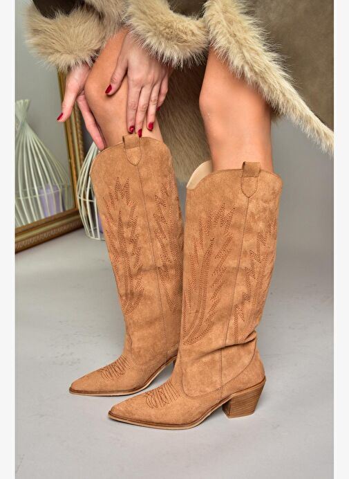 T267765202 Taba Süet Kovboy Model Kadın Çizme - Görsel 6