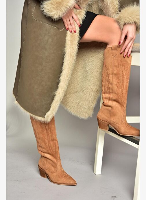 T267765202 Taba Süet Kovboy Model Kadın Çizme - Görsel 5
