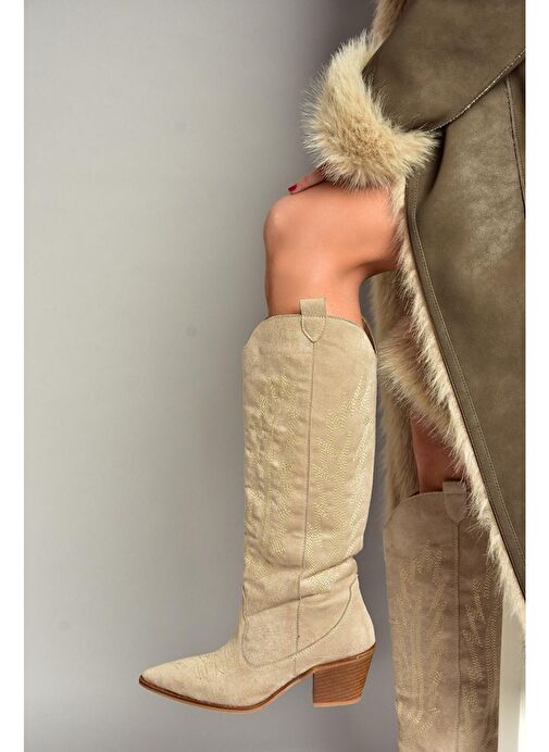T267765202 Bej Süet Kovboy Model Kadın Çizme - Görsel 2