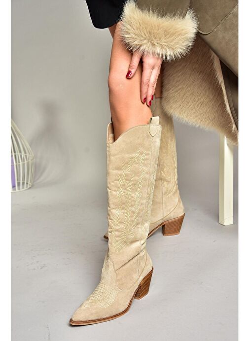 T267765202 Bej Süet Kovboy Model Kadın Çizme - Görsel 3