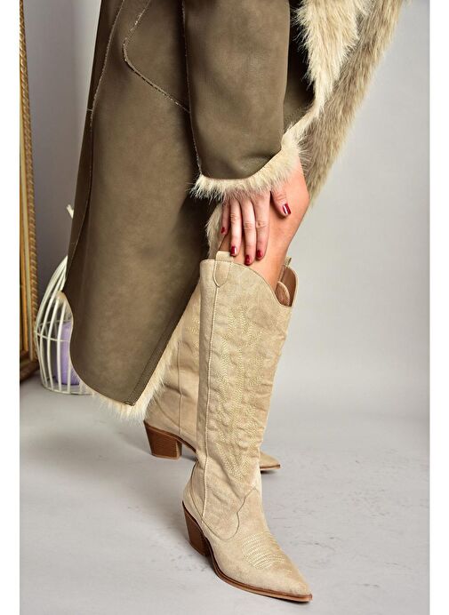 T267765202 Bej Süet Kovboy Model Kadın Çizme - Görsel 4