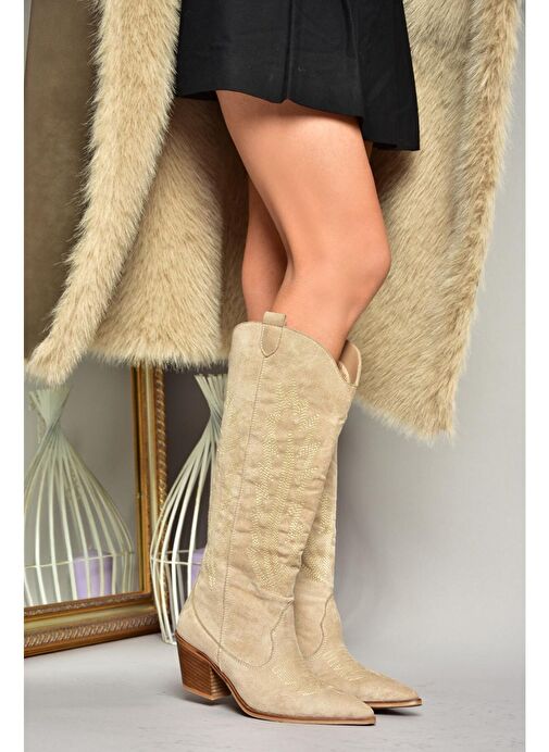 T267765202 Bej Süet Kovboy Model Kadın Çizme - Görsel 5