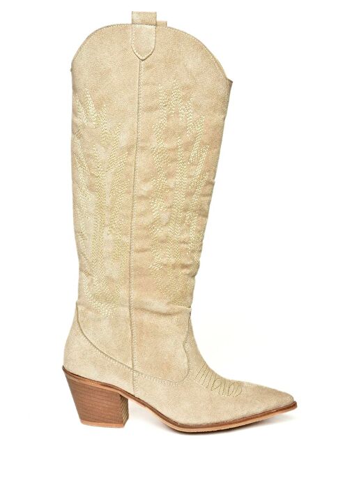T267765202 Bej Süet Kovboy Model Kadın Çizme - Görsel 7