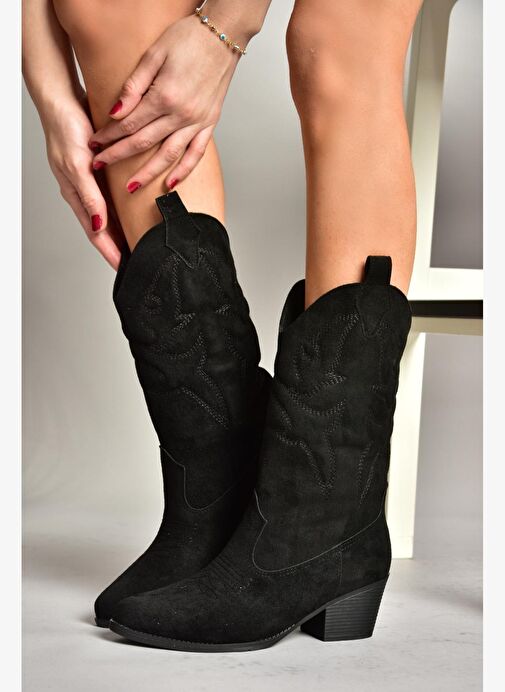 T820088702 Siyah Süet Kovboy Model Kadın Çizme - Görsel 3