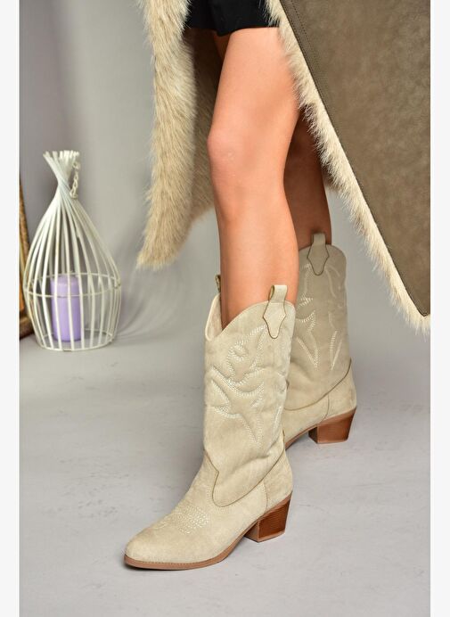 T820088702 Ten Süet Kovboy Model Kadın Çizme - Görsel 4