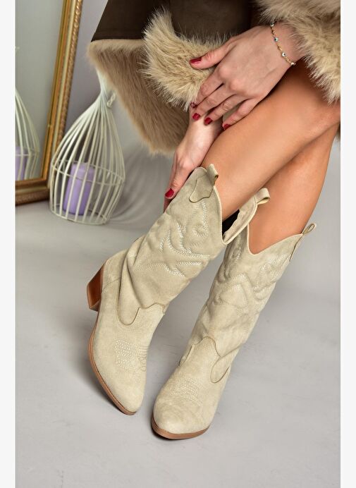 T820088702 Ten Süet Kovboy Model Kadın Çizme - Görsel 2