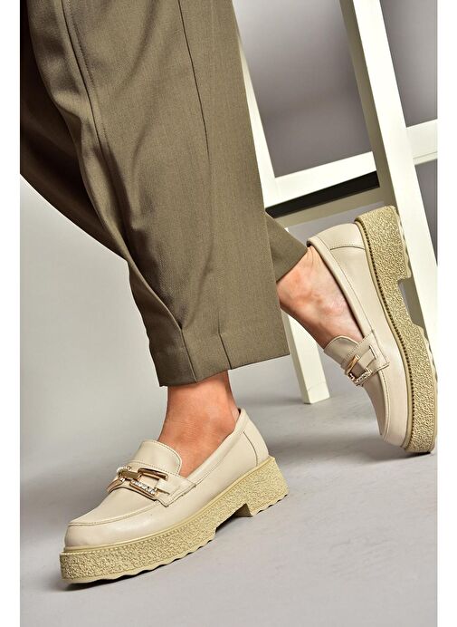 T996198409 Bej Kalın Tabanlı Makosen Kadın Ayakkabı - Görsel 4