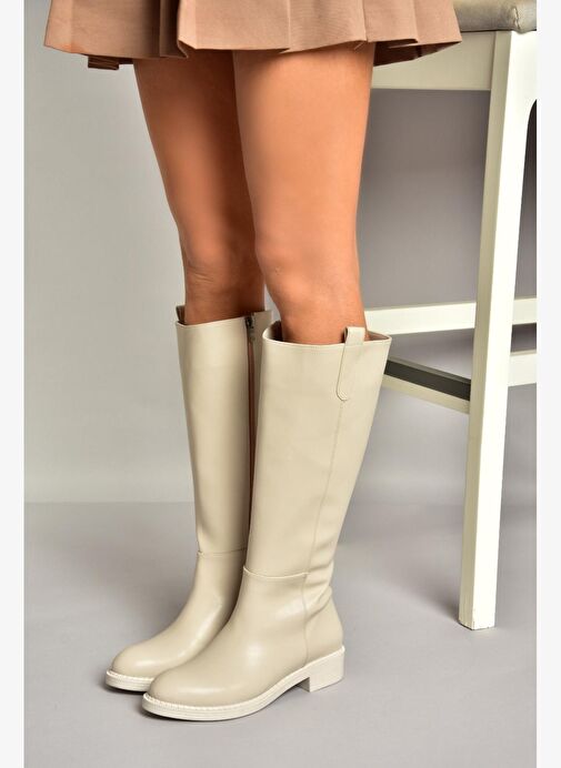 T590962009 Bej Alçak Topuklu Kadın Çizme - Görsel 3