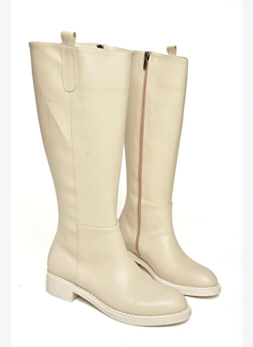 T590962009 Bej Alçak Topuklu Kadın Çizme - Görsel 7