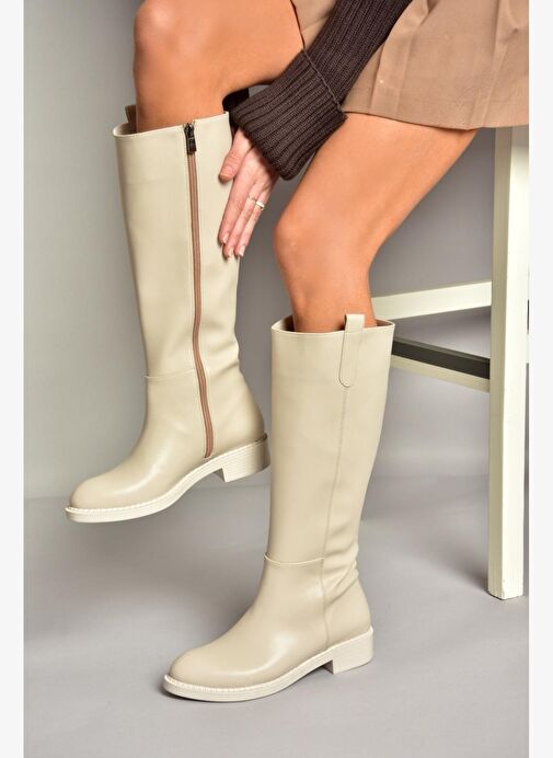 T590962009 Bej Alçak Topuklu Kadın Çizme - Görsel 4