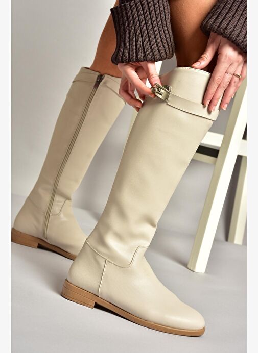 T848443409 Bej Klasik Kadın Çizme - Görsel 3