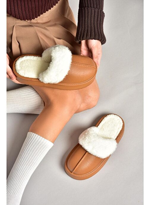 T918264209 Kahverengi İçi Peluş Kadın Terlik - Görsel 2