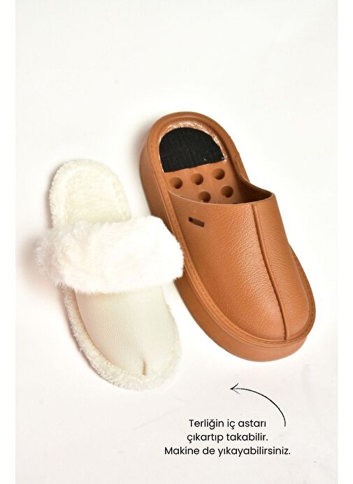 T918264209 Kahverengi İçi Peluş Kadın Terlik - Görsel 4