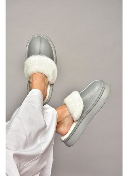 T918264209 Gri İçi Peluş Kadın Terlik - Görsel 2
