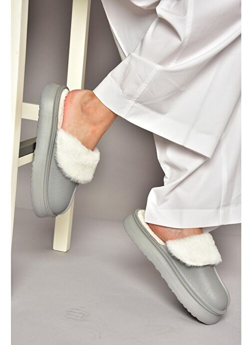 T918264209 Gri İçi Peluş Kadın Terlik - Görsel 4