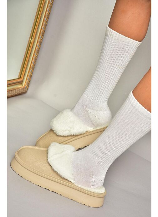 T918264209 Bej İçi Peluş Kadın Terlik - Görsel 5