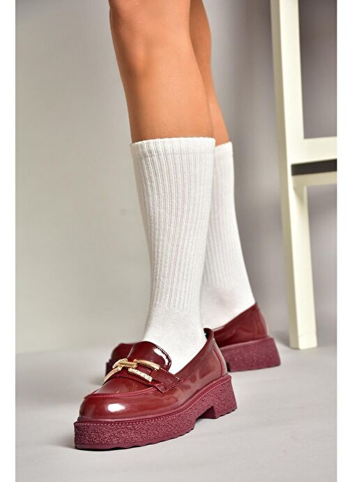 T996198408 Bordo Rugan Kalın Tabanlı Makosen Kadın Ayakkabı - Görsel 3