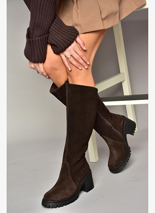 R654047702 Kahverengi Hakiki Deri Süet Kalın Topuklu Kadın Çizme - Görsel 5