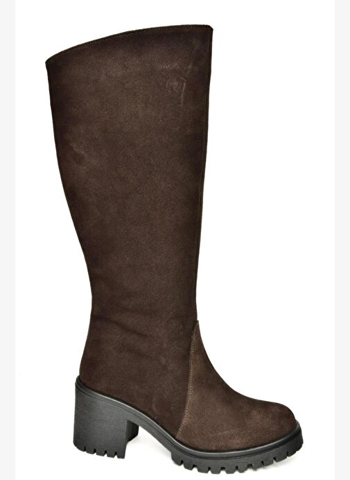 R654047702 Kahverengi Hakiki Deri Süet Kalın Topuklu Kadın Çizme - Görsel 8