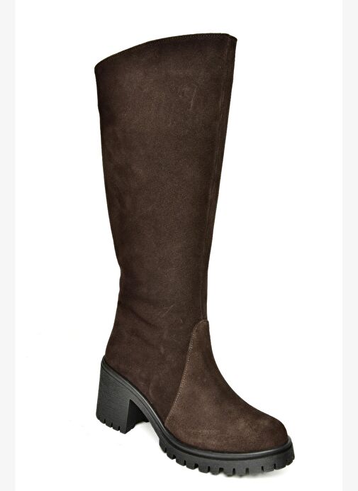 R654047702 Kahverengi Hakiki Deri Süet Kalın Topuklu Kadın Çizme - Görsel 6