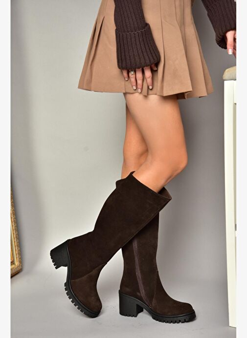 R654047702 Kahverengi Hakiki Deri Süet Kalın Topuklu Kadın Çizme - Görsel 4