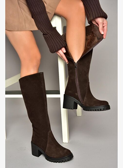 R654047702 Kahverengi Hakiki Deri Süet Kalın Topuklu Kadın Çizme - Görsel 2