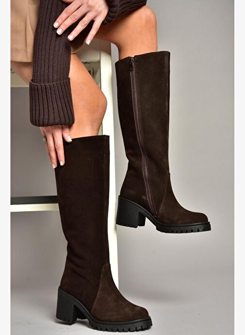 R654047702 Kahverengi Hakiki Deri Süet Kalın Topuklu Kadın Çizme - Görsel 3