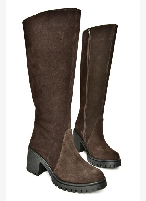 R654047702 Kahverengi Hakiki Deri Süet Kalın Topuklu Kadın Çizme - Görsel 7