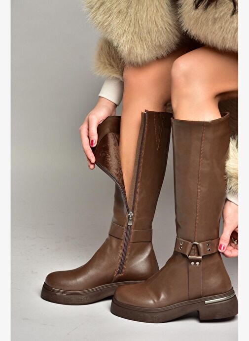 T996663009 Kahverengi Alçak Topuklu Kadın Çizme - Görsel 4