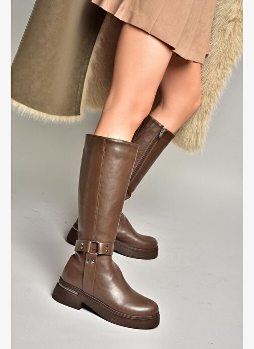 T996663009 Kahverengi Alçak Topuklu Kadın Çizme - Görsel 5