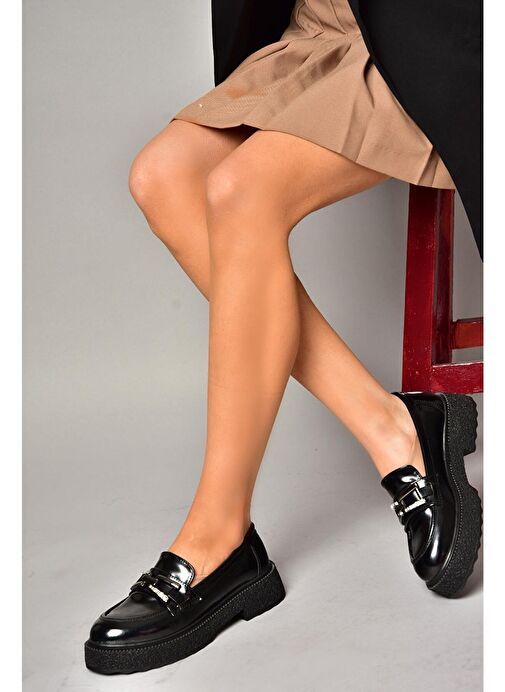 T996198408 Siyah Rugan Kalın Tabanlı Makosen Kadın Ayakkabı - Görsel 5