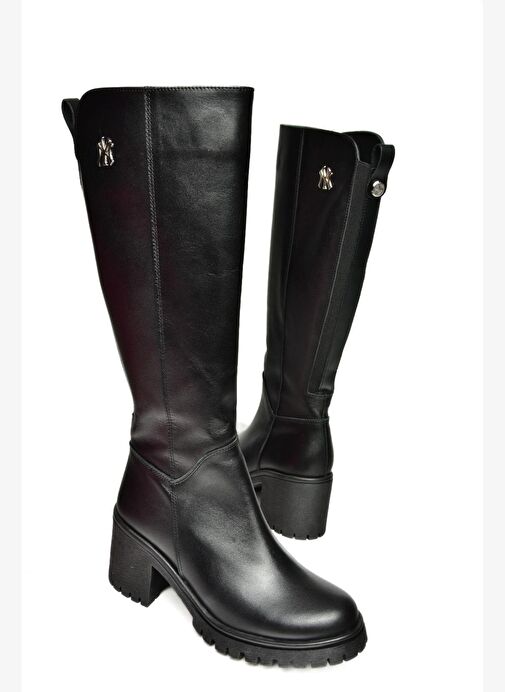 R654034003 Siyah Gerçek Deri Kalın Topuklu Kadın Çizme - Görsel 8