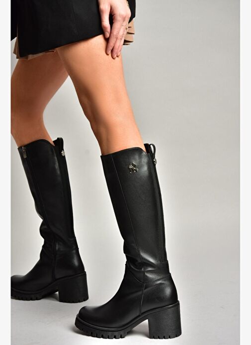 R654034003 Siyah Gerçek Deri Kalın Topuklu Kadın Çizme - Görsel 2