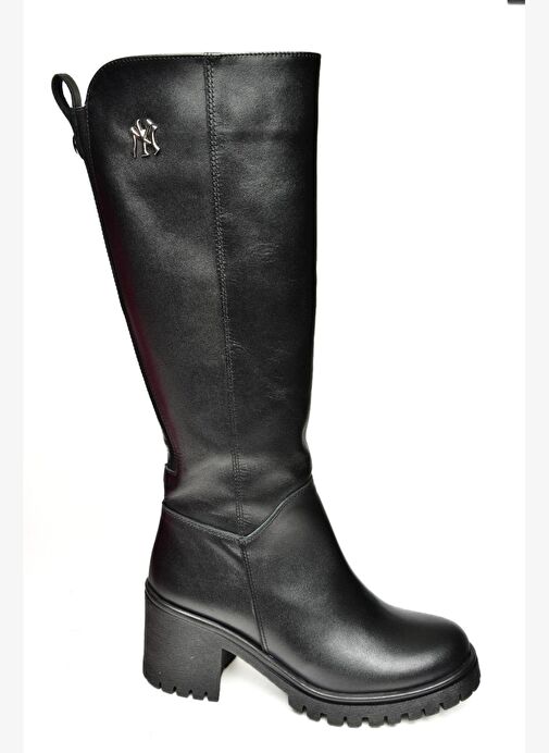 R654034003 Siyah Gerçek Deri Kalın Topuklu Kadın Çizme - Görsel 6