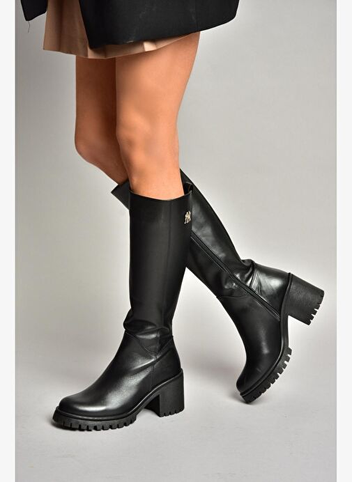 R654034003 Siyah Gerçek Deri Kalın Topuklu Kadın Çizme - Görsel 5