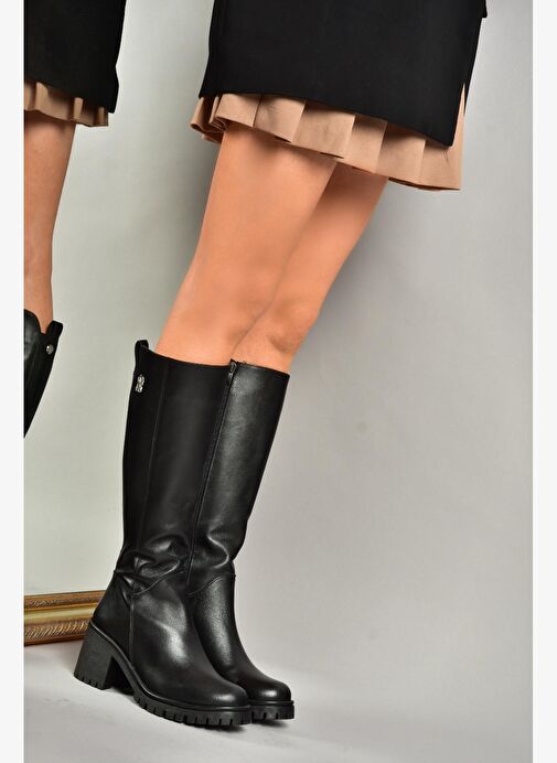 R654034003 Siyah Gerçek Deri Kalın Topuklu Kadın Çizme - Görsel 3