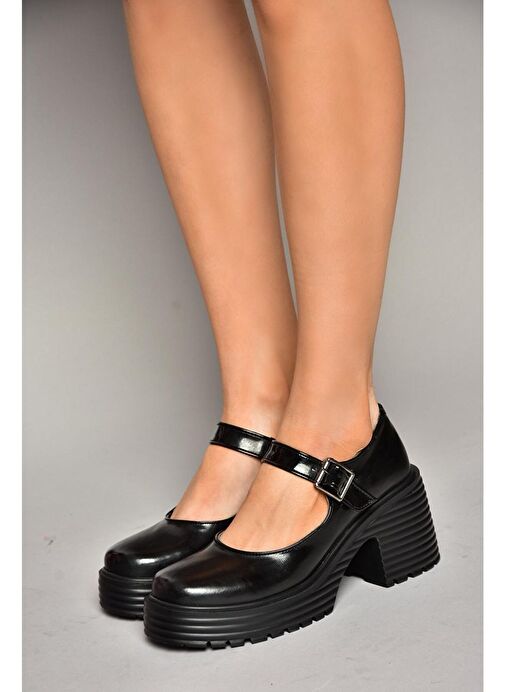 R996053008 Siyah Rugan Kalın Topuklu Kadın Ayakkabı - Görsel 4