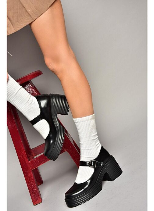 R996053008 Siyah Rugan Kalın Topuklu Kadın Ayakkabı - Görsel 5