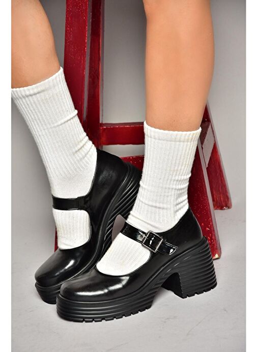 R996053008 Siyah Rugan Kalın Topuklu Kadın Ayakkabı - Görsel 6