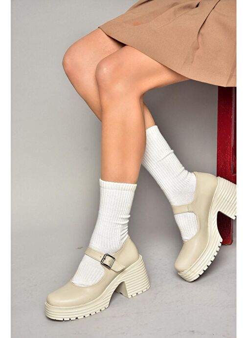 R996053009 Bej Kalın Topuklu Kadın Ayakkabı - Görsel 2