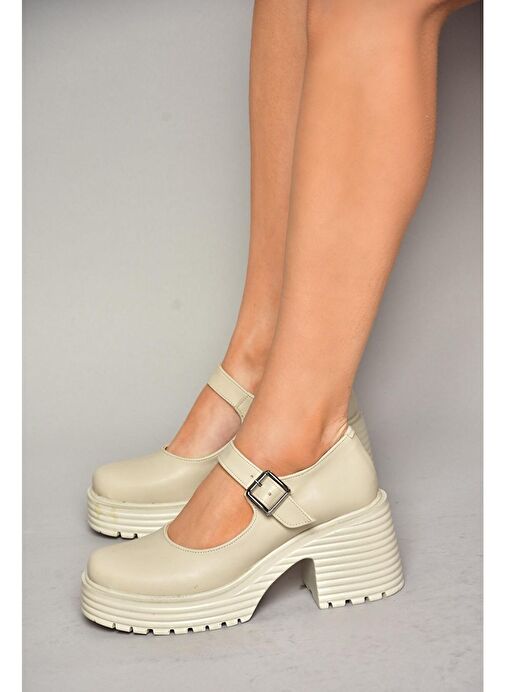 R996053009 Bej Kalın Topuklu Kadın Ayakkabı - Görsel 3