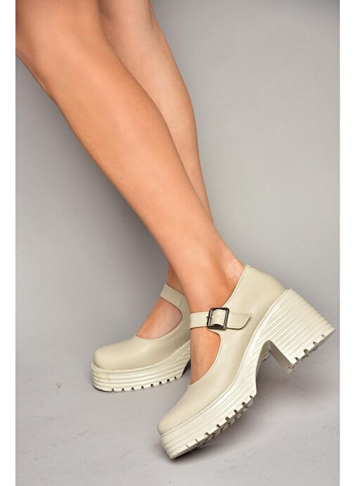 R996053009 Bej Kalın Topuklu Kadın Ayakkabı - Görsel 4