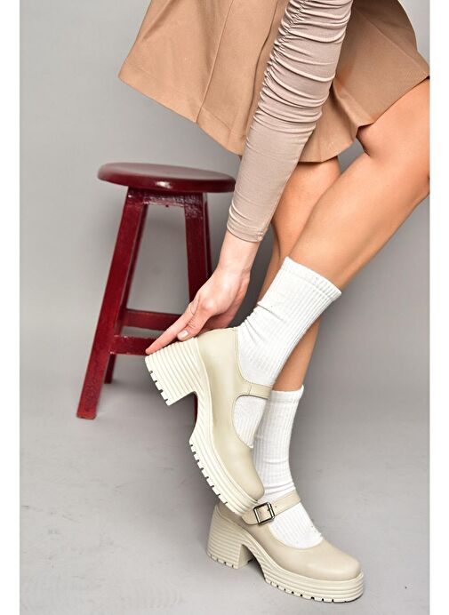 R996053009 Bej Kalın Topuklu Kadın Ayakkabı - Görsel 5