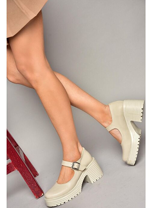 R996053009 Bej Kalın Topuklu Kadın Ayakkabı - Görsel 6