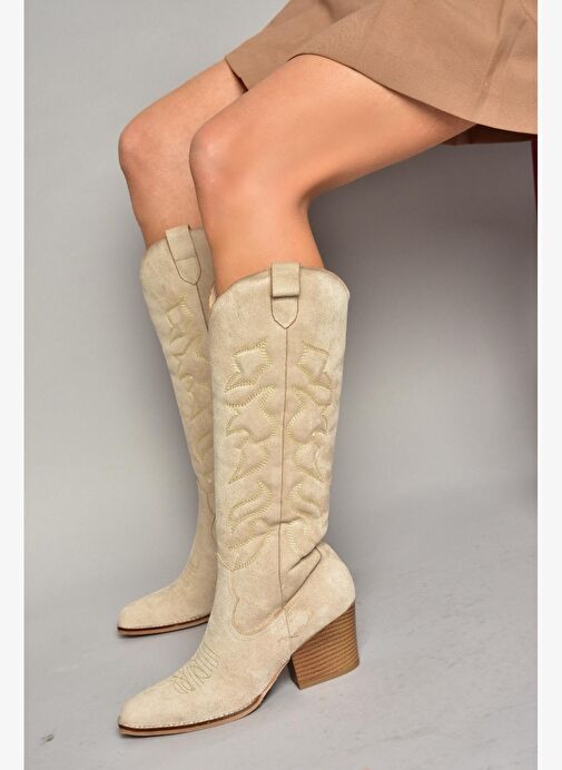 T296815002 Bej Süet Kovboy Model Kadın Çizme - Görsel 5