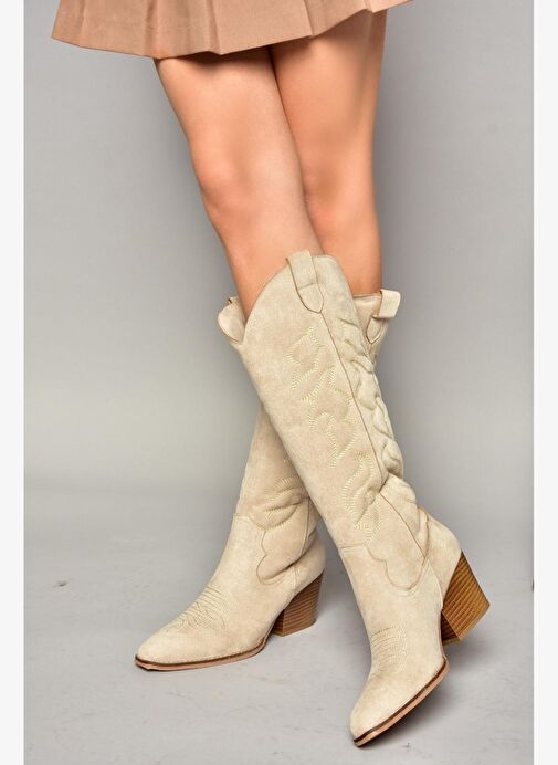 T296815002 Bej Süet Kovboy Model Kadın Çizme - Görsel 2