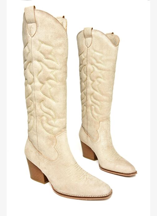 T296815002 Bej Süet Kovboy Model Kadın Çizme - Görsel 9