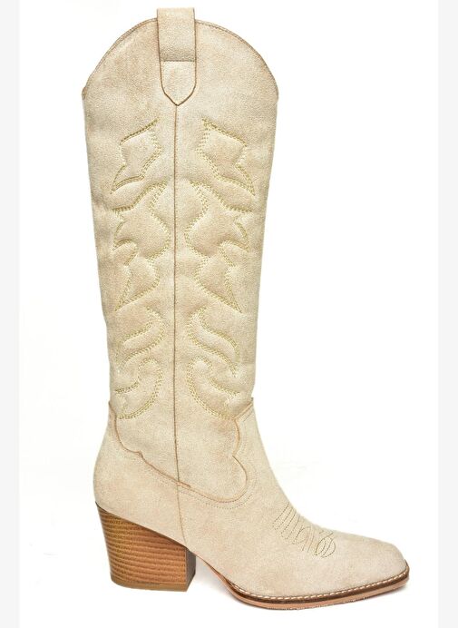 T296815002 Bej Süet Kovboy Model Kadın Çizme - Görsel 8