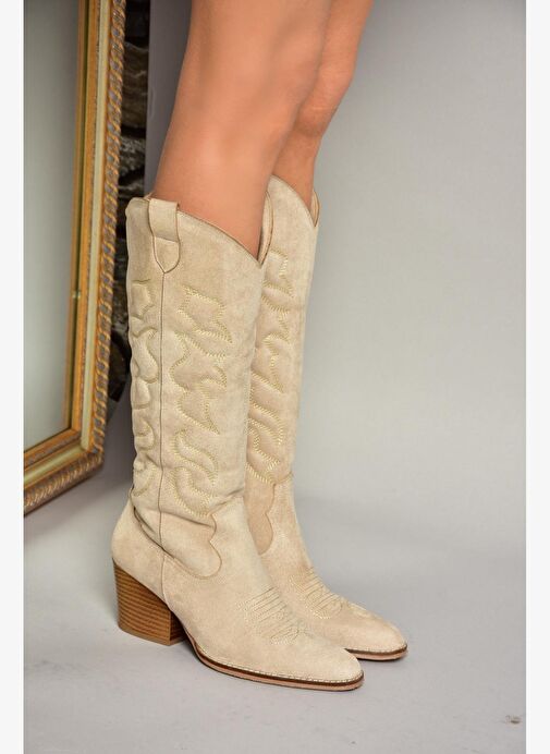T296815002 Bej Süet Kovboy Model Kadın Çizme - Görsel 4